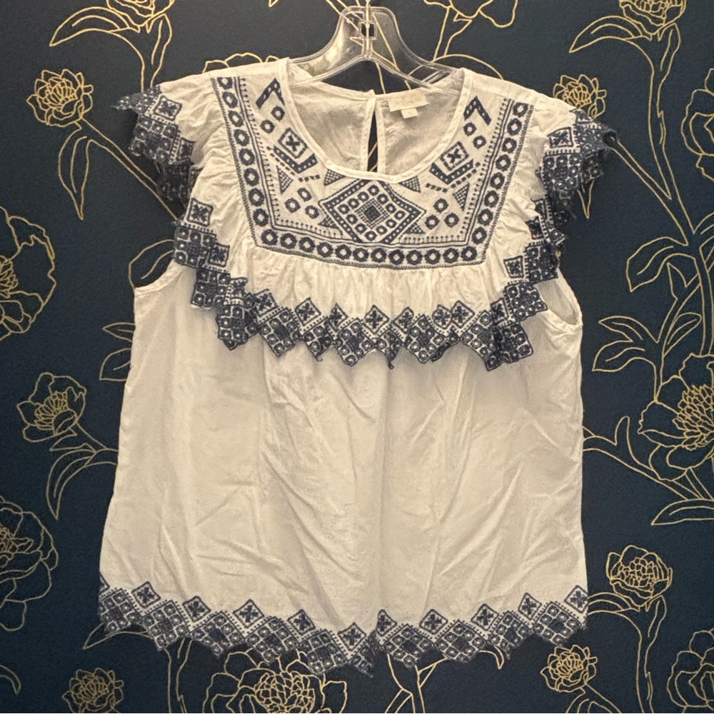 JENNIFER & GRACE embroidered SLEEVELESS  cotton RUFFLE top LARGE white/blue - Picture 2 of 6
